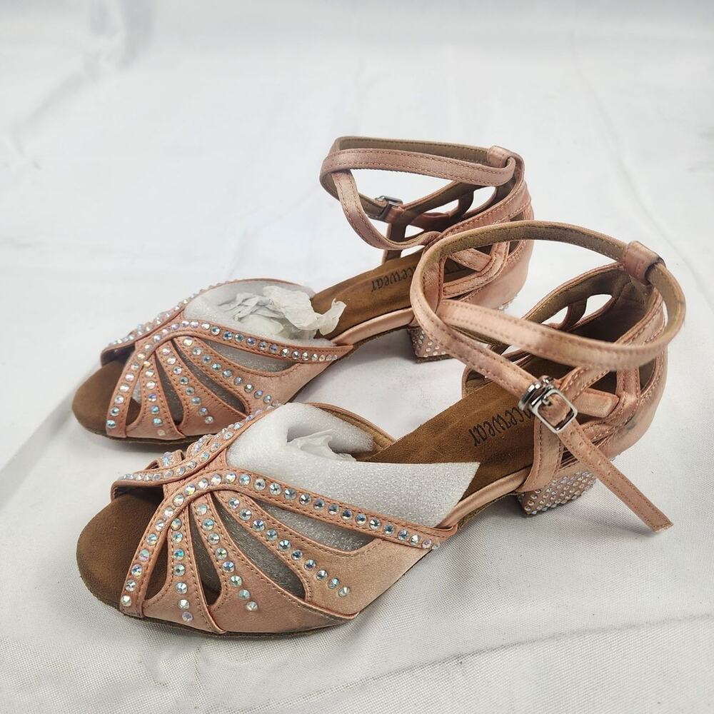 TT Dancewear Women's Rose Gold Rhinestone Latin Ballroom Dance Shoes Size 7